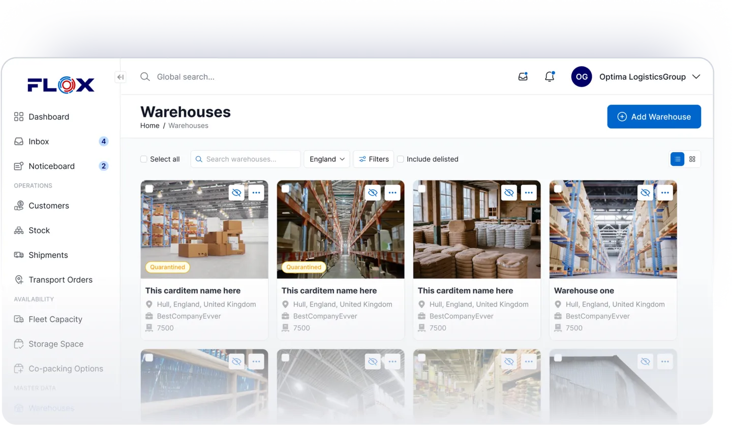 FLOX Warehousing Dashboard showing warehouse management
