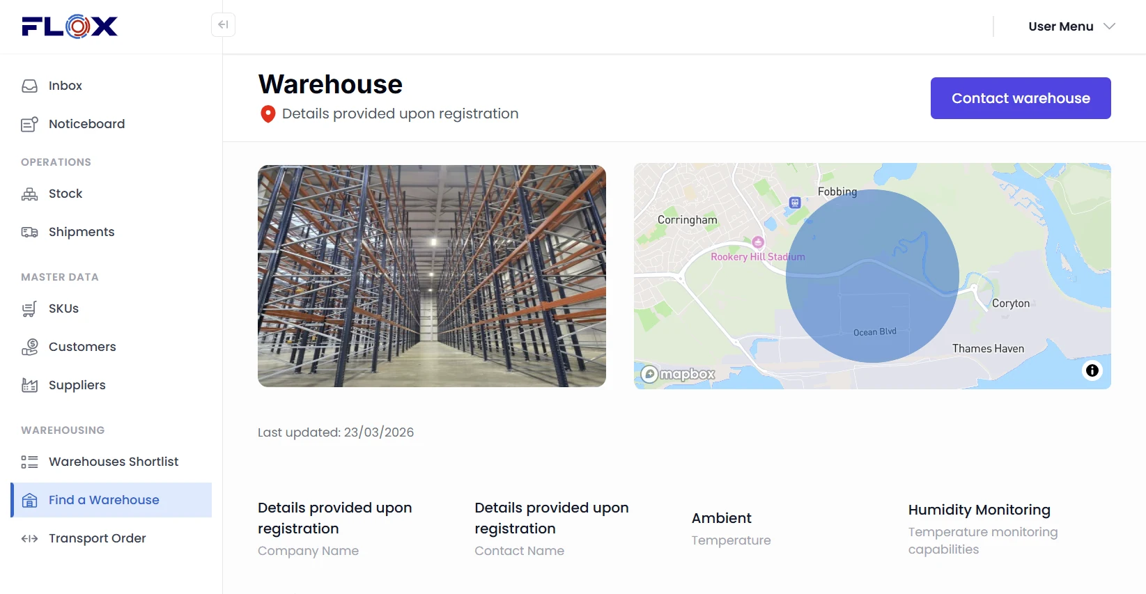 FLOX Platform Dashboard for Warehouse Providers