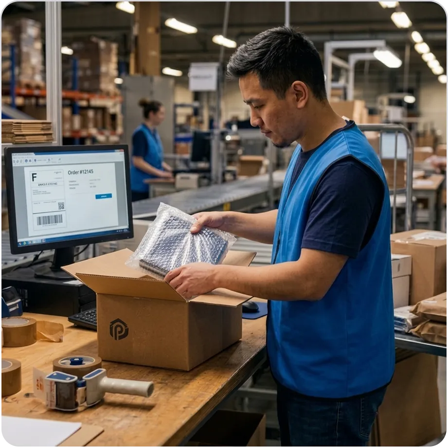eCommerce warehouse worker packing orders for fulfilment