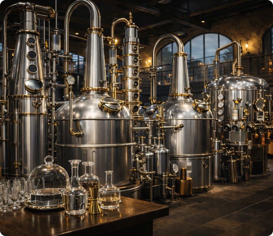 An alcohol distillery with glassware for testing nearby - FLOX