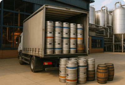 A delivery lorry being loaded with beer barrels at a brewery - FLOX