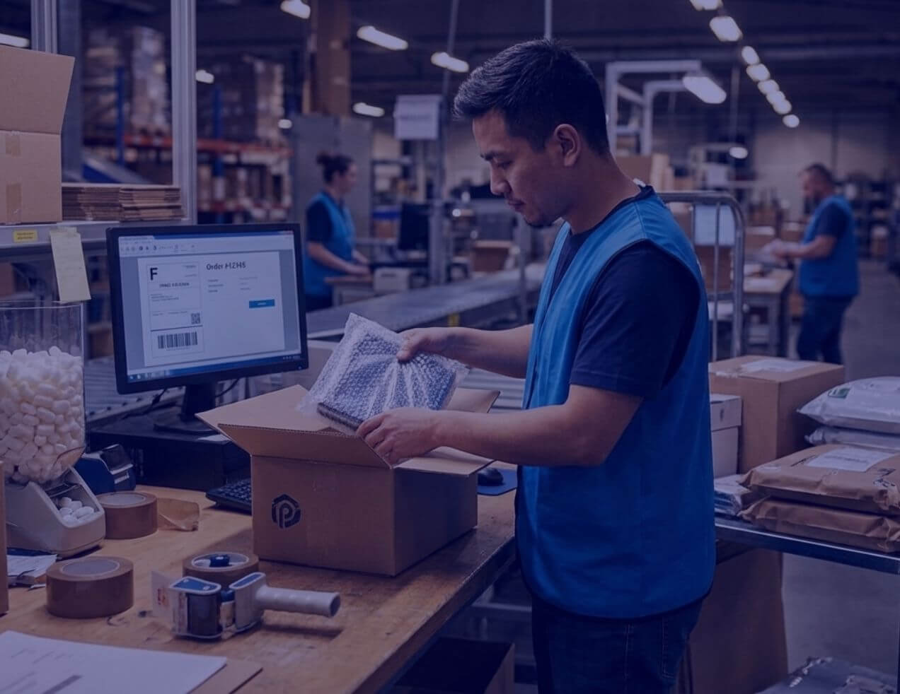 An eCommerce logistics packing station with a man packing a parcel - FLOX