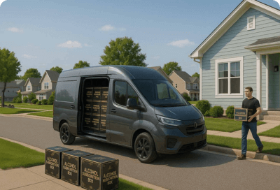 A delivery driver delivering Alcohol in a residential neighbourhood - FLOX