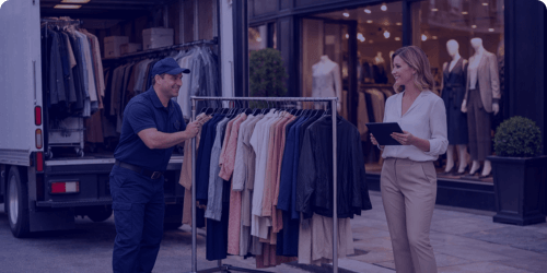 A fashion and retail logistics delivery van, dropping off wrapped clothing items at a boutique store - FLOX