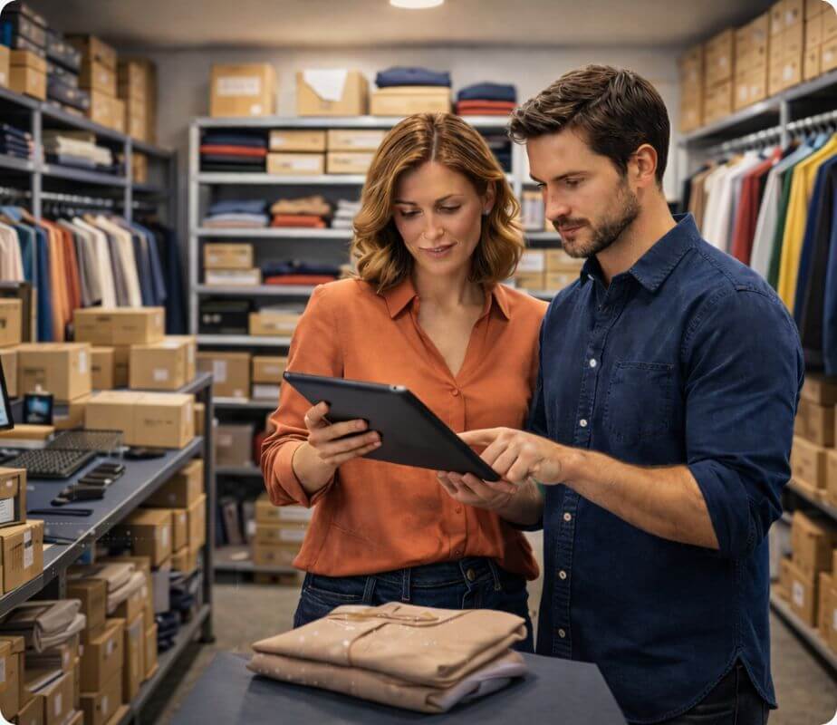Colleagues in a small retail and fashion warehouse, interacting with a tablet - FLOX