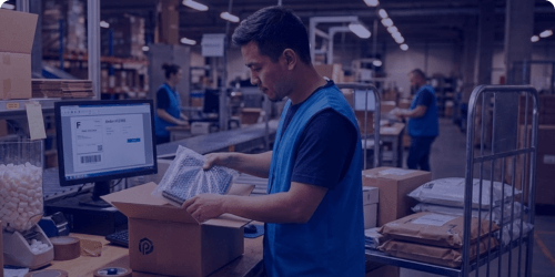An eCommerce logistics packing station with a man packing a parcel - FLOX