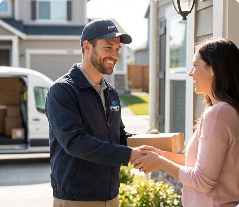 A delivery man delivering a package to a smiling resident - FLOX eCommerce Logistics