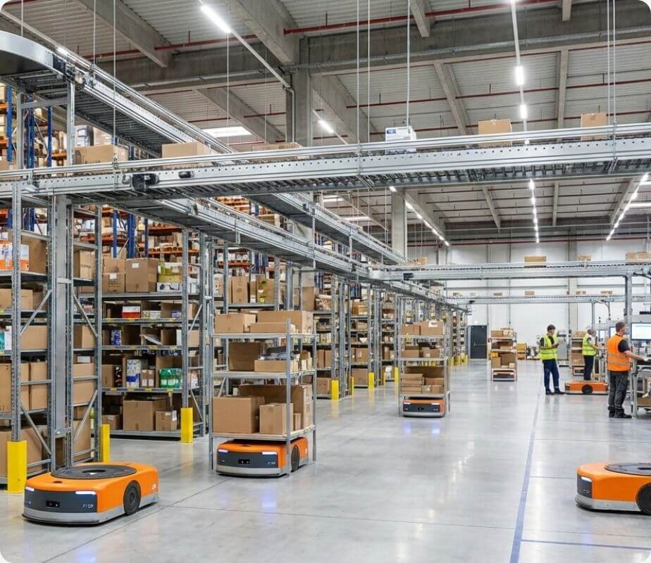 An eCommerce logistics warehouse, with modern transportation robots - FLOX